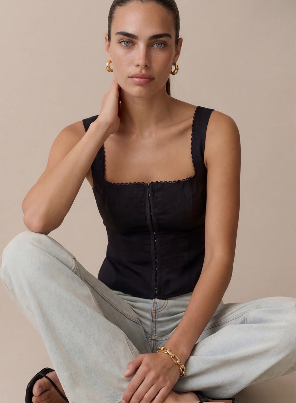 New Kourt black linen Halley corset strapless blouse $147 size 8